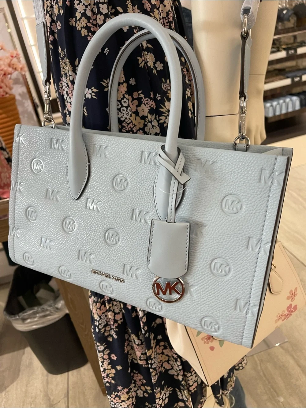 Michael Kors Mirella Md Logo Debossed EW Top Zip Satchel Shouldr Tote Pale Ocean